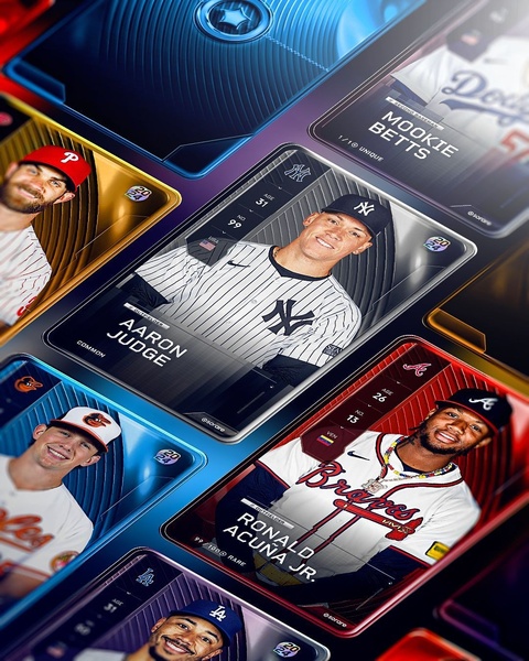 digital sports cards, baseball player cards, collectible cards, trading cards, virtual trading cards, brand awareness, editorial, modern typography, bold, energetic, blue, purple, black